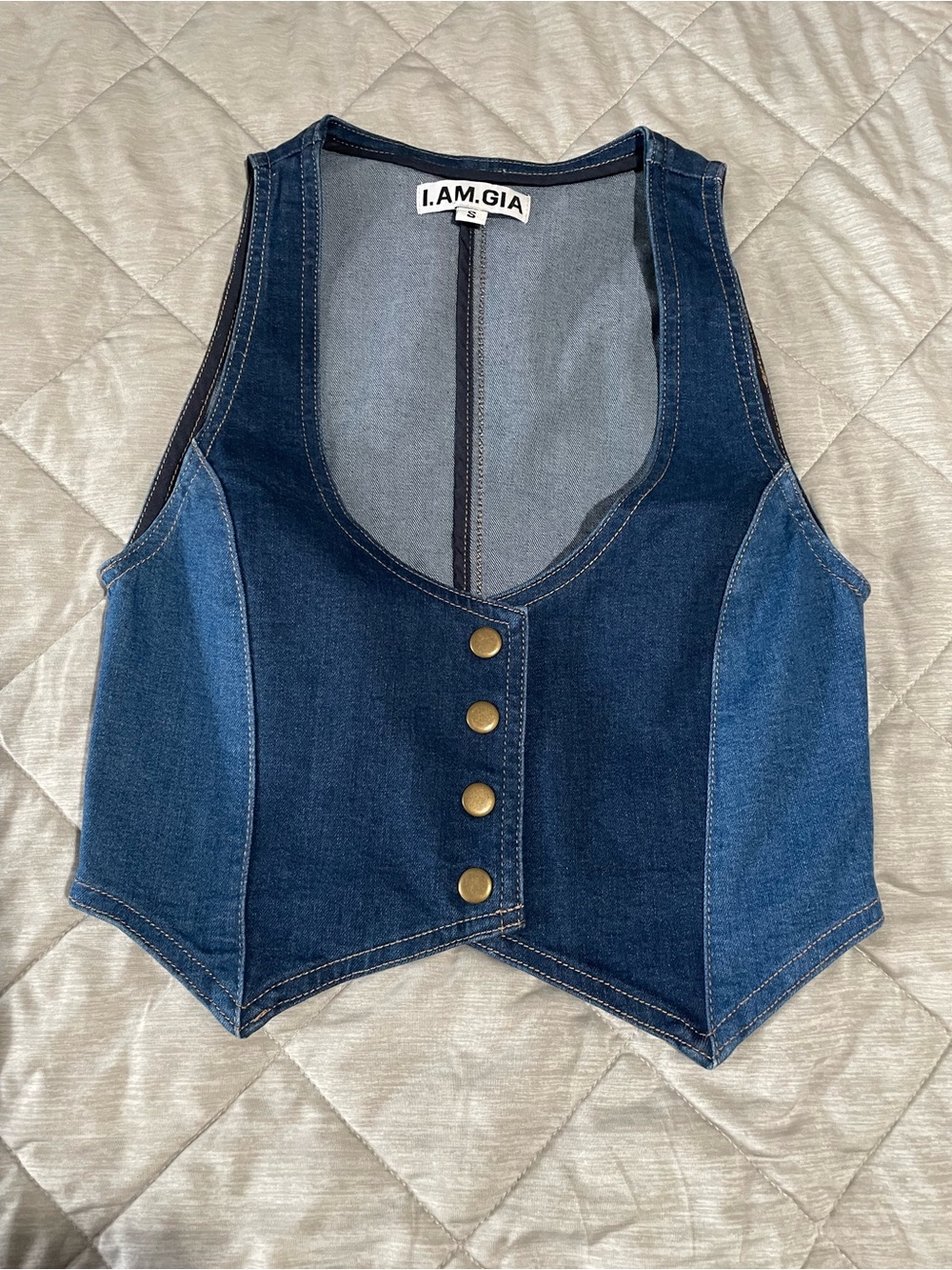 I.AM.GIA Two-Tone Dark Blue Denim Cropped Button Vest